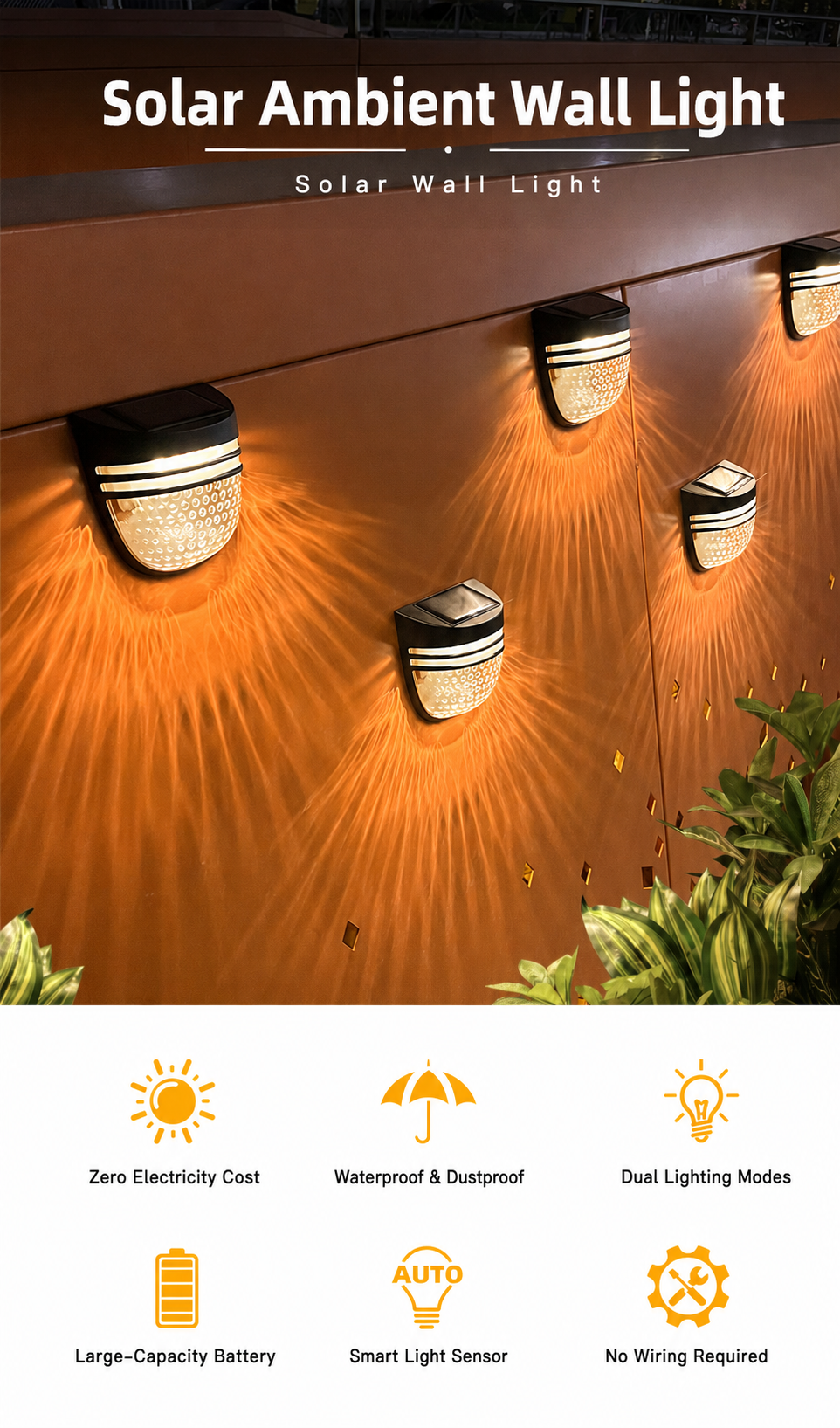 Solar Fence Lights Outdoor 2 Pack, Warm White Solar Wall Lights with Dual Modes and Breathing Mode for Fence, Patio, Deck and Garden