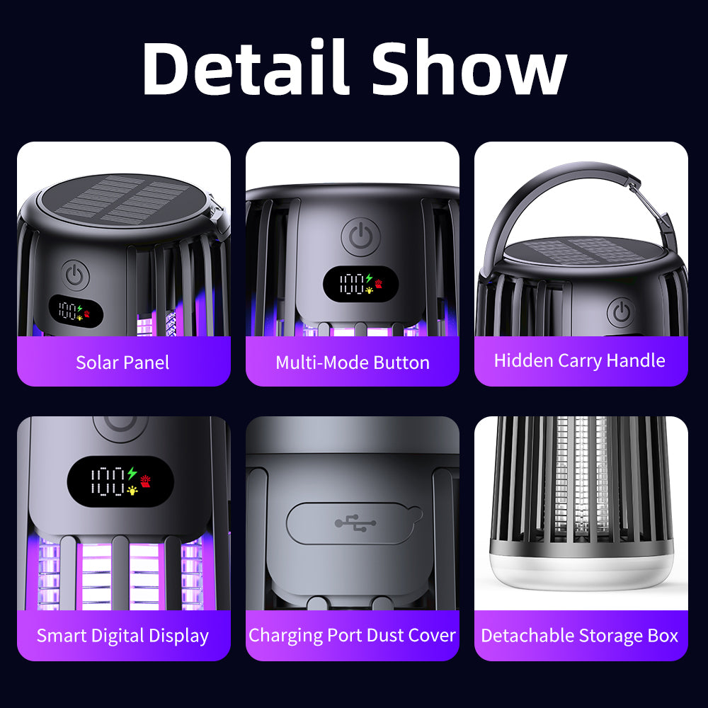 JT MOROLUX Solar Bug Zapper with Dual Charging, Electric Mosquito Killer & LED Lantern, Portable Indoor & Outdoor Insect Trap for Home, Patio, Garden & Camping