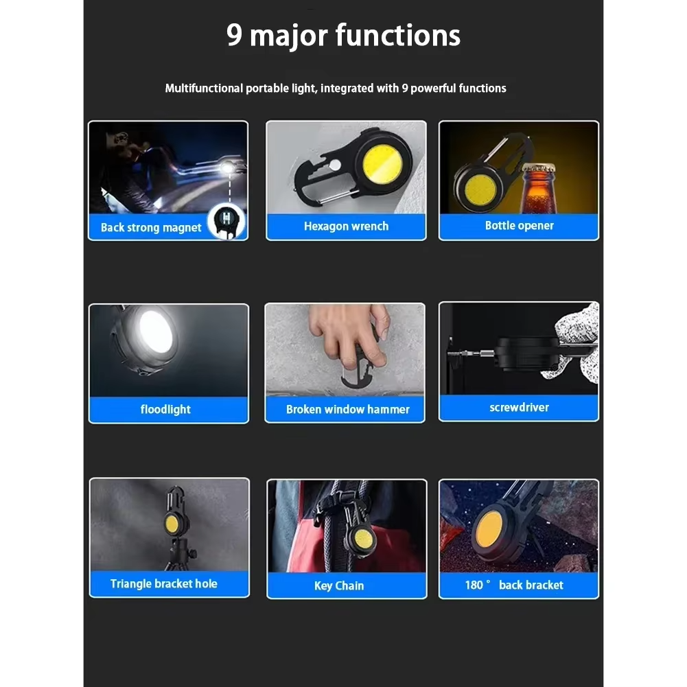 Multifunctional COB LED Bright Small Emergency Flashlight Keychain for car truck USB Rechargeable Pocket Work Light Outdoor Camping Torch with Strong Magnet