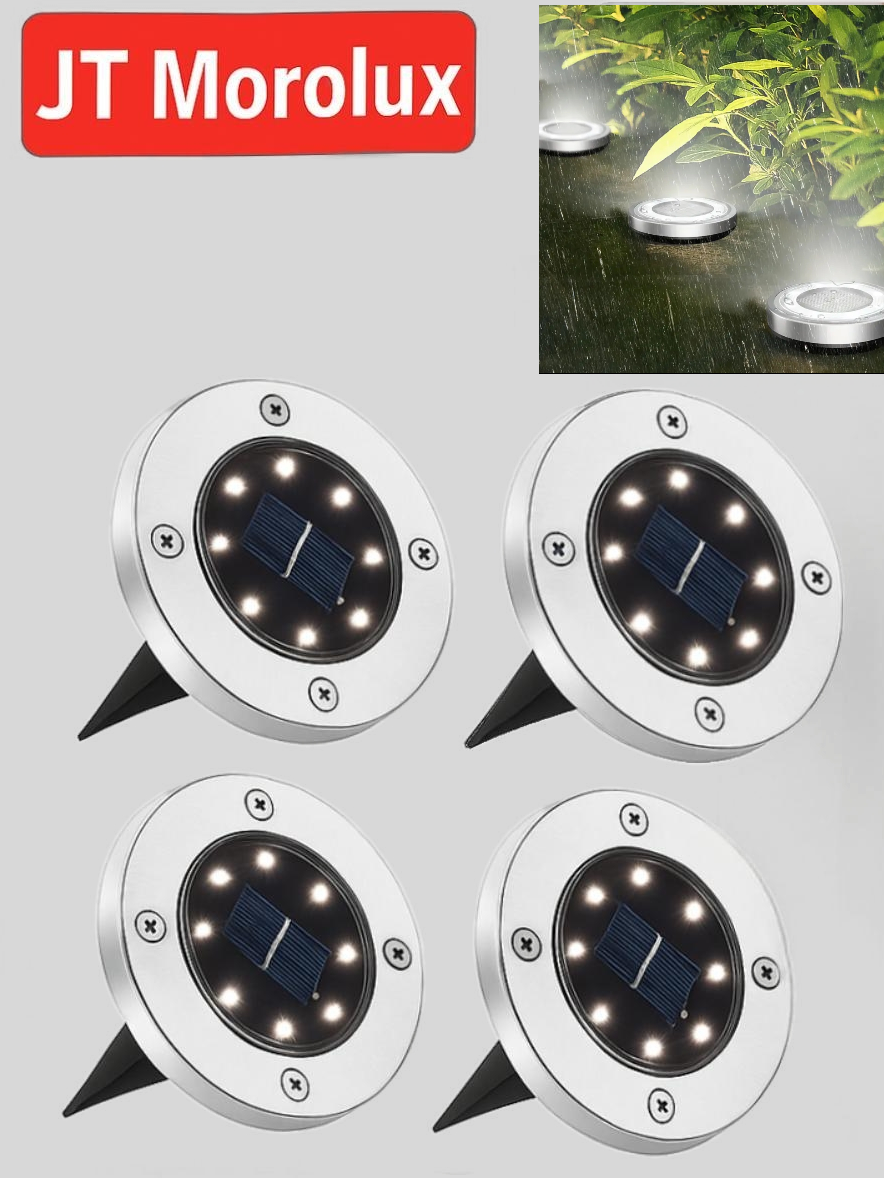 JT Morolux Solar Ground Lights, LED Disk Lights, White, Waterproof Outdoor Path Lights for Garden, Lawn, Walkway, Driveway