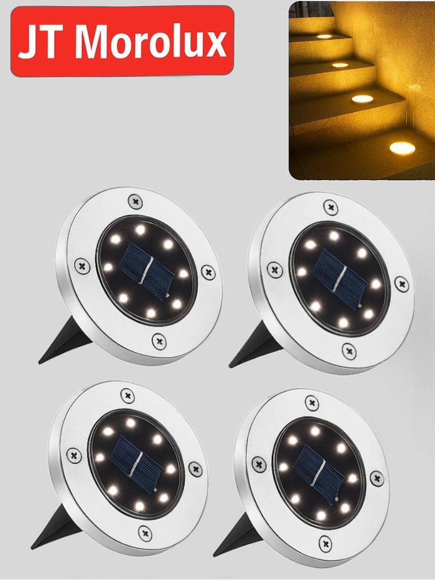 JT Morolux Solar Ground Lights, LED Disk Lights, White, Waterproof Outdoor Path Lights for Garden, Lawn, Walkway, Driveway