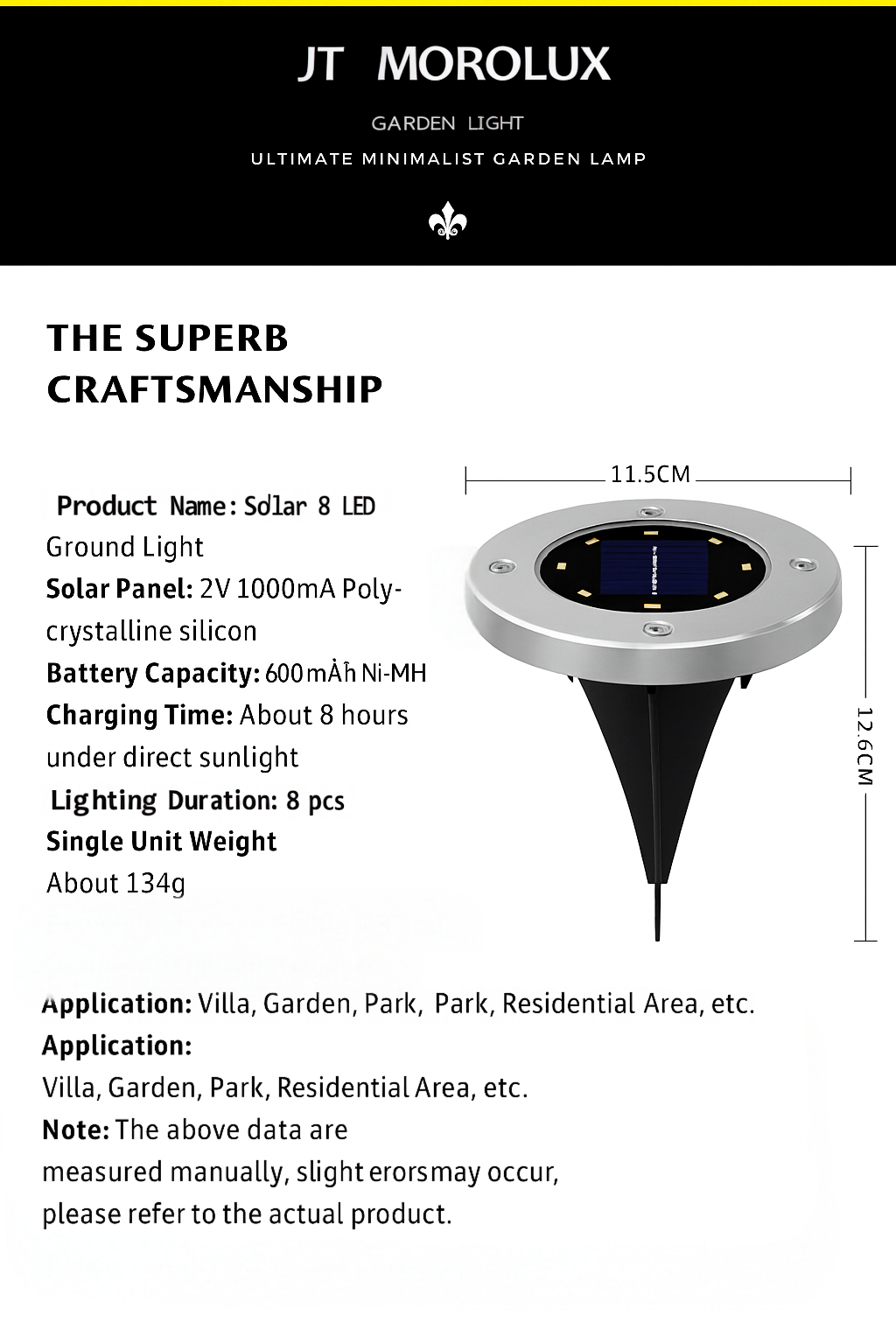 JT Morolux Solar Ground Lights, LED Disk Lights, White, Waterproof Outdoor Path Lights for Garden, Lawn, Walkway, Driveway