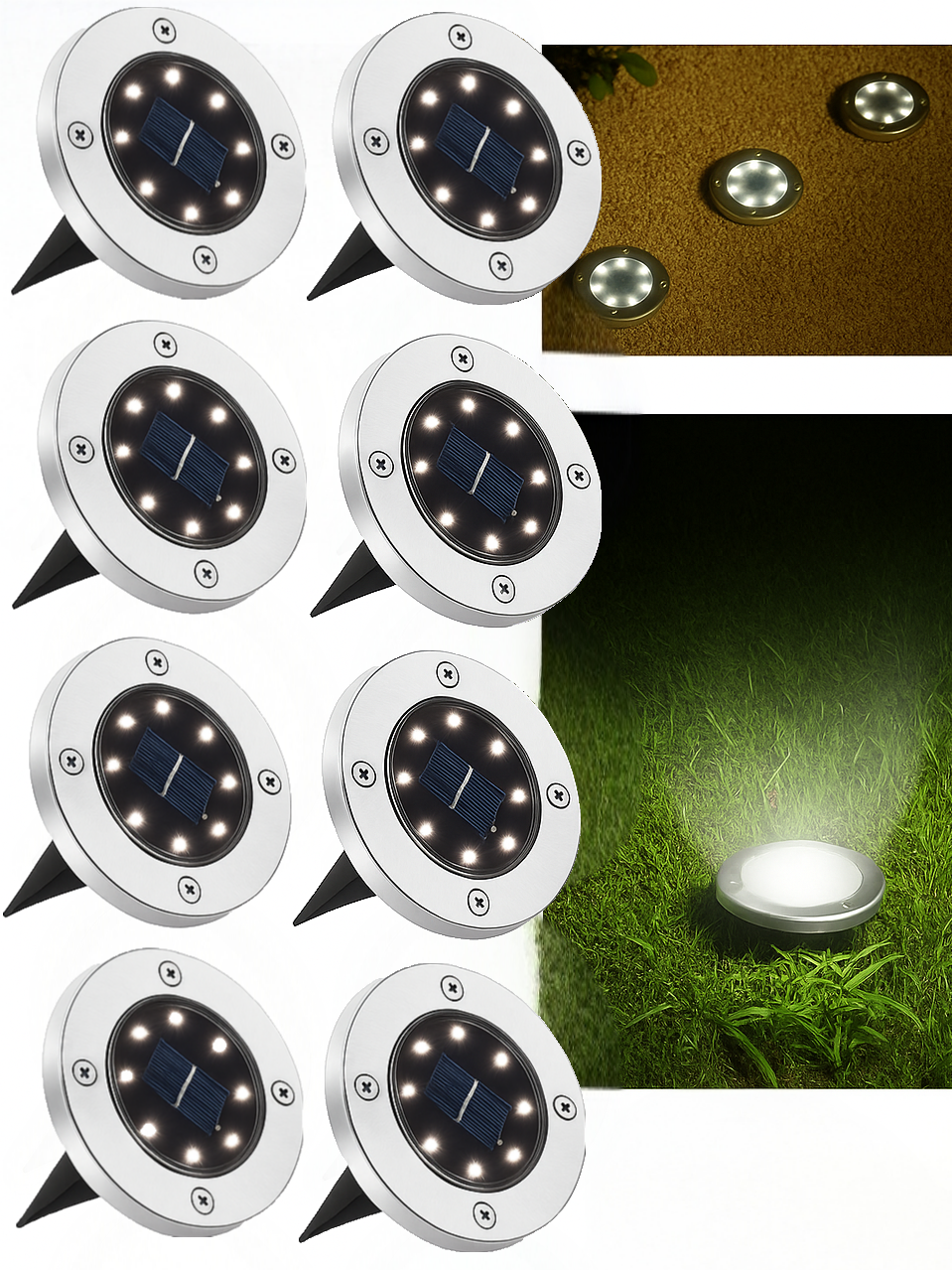 JT Morolux Solar Ground Lights, LED Disk Lights, White, Waterproof Outdoor Path Lights for Garden, Lawn, Walkway, Driveway