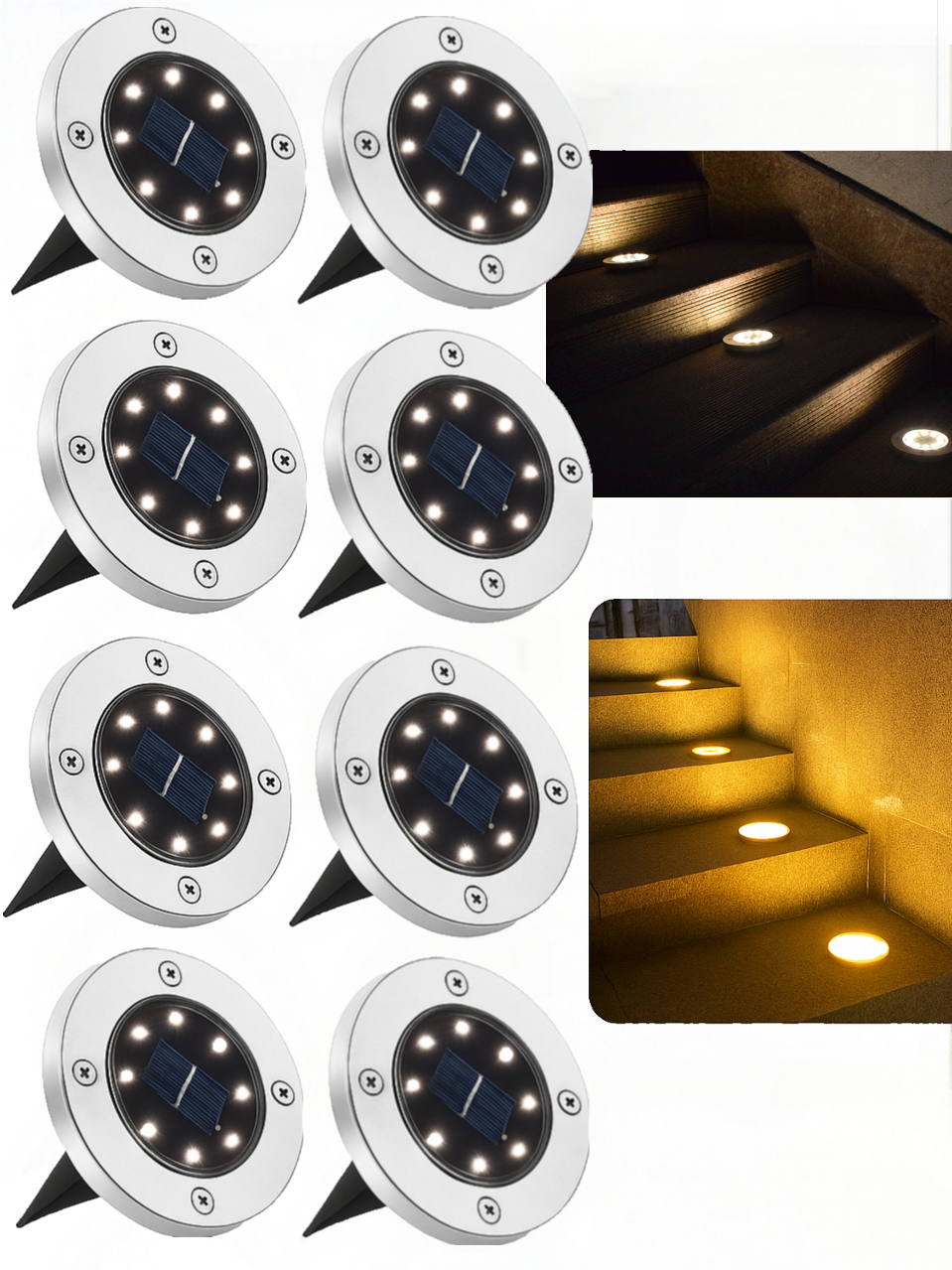 JT Morolux Solar Ground Lights, LED Disk Lights, White, Waterproof Outdoor Path Lights for Garden, Lawn, Walkway, Driveway