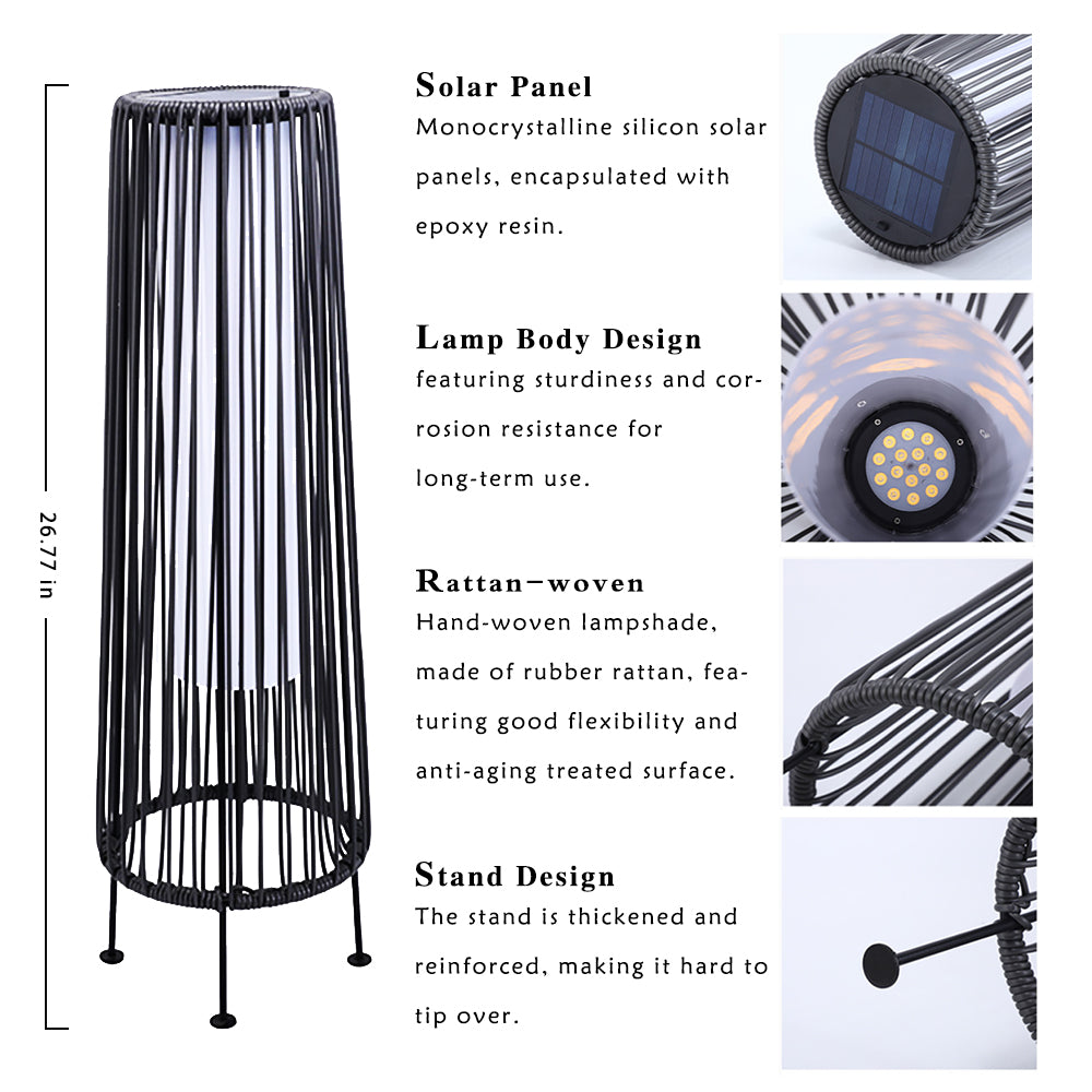 Solar Rattan Floor Lamp Outdoor, Waterproof LED Standing Lights, Handwoven Black Wicker Solar Patio Lamps for Garden, Porch, Yard, Deck, Lawn Decorations – Auto On/Off (Black)