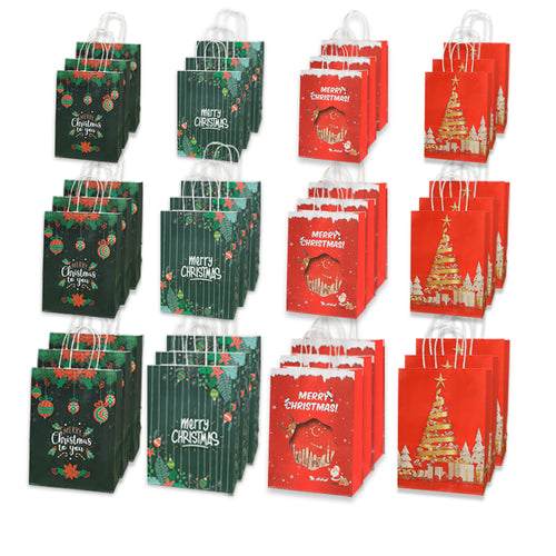 Christmas Gift Bags with Handles, 36 Pack Holiday Kraft Paper Gift Bags (Small, Medium, Large – 12 Each), 4 Assorted Designs, Reusable Bulk Value Pack for Presents, Candy, Toys, Books & Party Favors