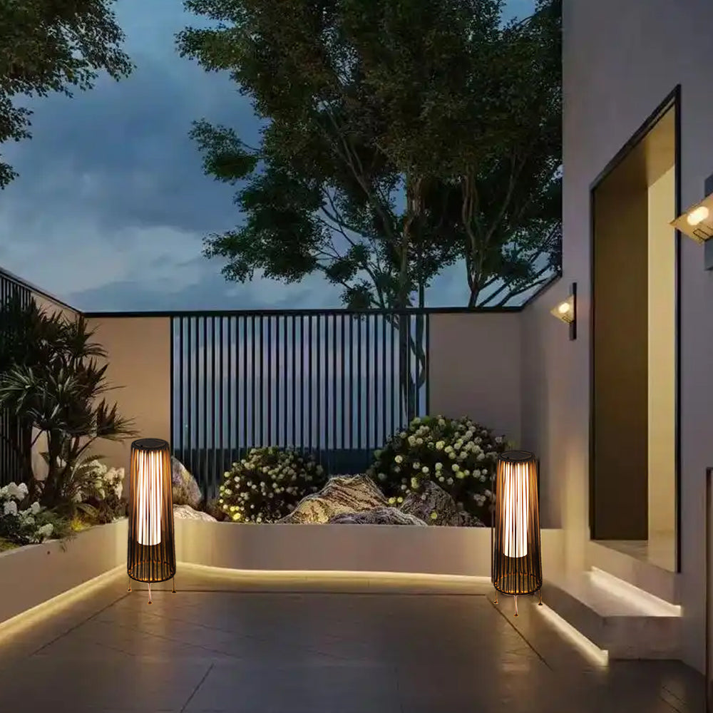 Solar Rattan Floor Lamp Outdoor, Waterproof LED Standing Lights, Handwoven Black Wicker Solar Patio Lamps for Garden, Porch, Yard, Deck, Lawn Decorations – Auto On/Off (Black)