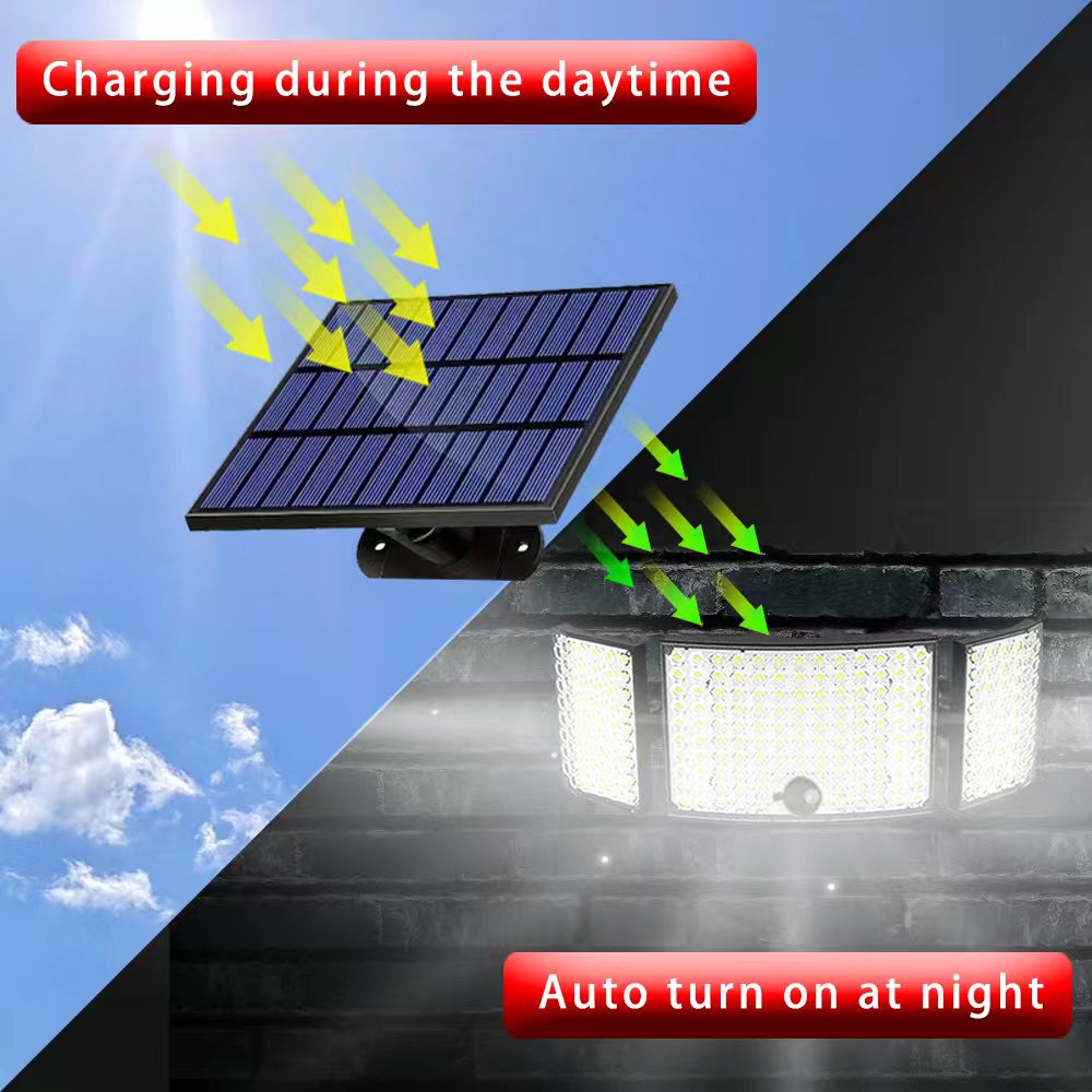 JT MOROLUX Solar-Powered LED Floodlight – 234 LED 3-Head Motion Sensor Security Light with Remote, IP65 Waterproof (Outdoor Wall Mount for Yard, Garage, Porch)