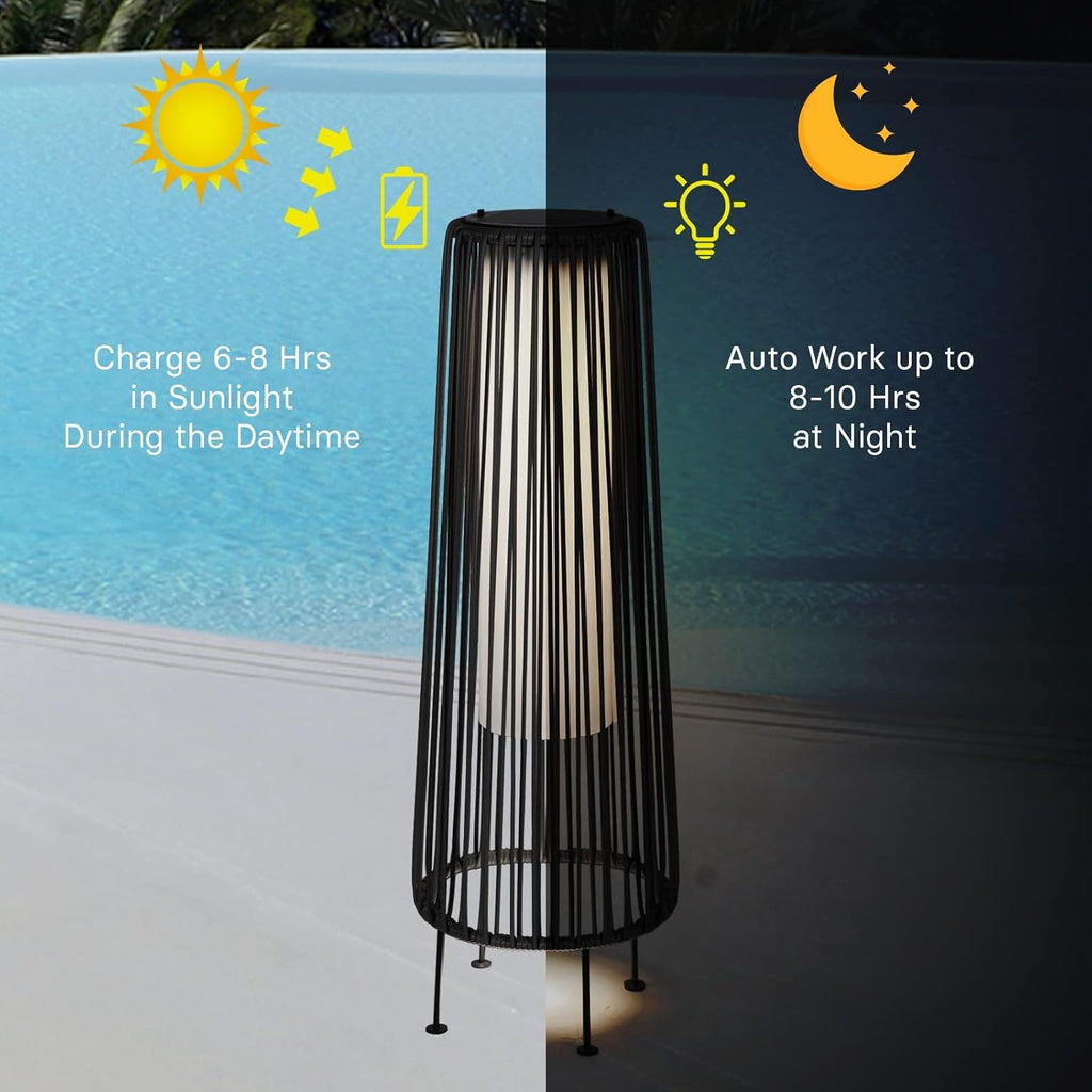 Solar Rattan Floor Lamp Outdoor, Waterproof LED Standing Lights, Handwoven Black Wicker Solar Patio Lamps for Garden, Porch, Yard, Deck, Lawn Decorations – Auto On/Off (Black)