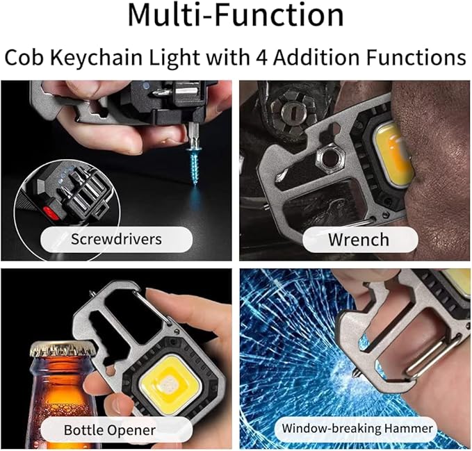 Cob Keychain Work Rechargeable Flashlight 6 Modes,4 in1 Screwdrivers 7in1 Wrench 1bottle Opener 1window-Breaking hamme for Camping, Fishing, Repair Walking Emergency 500 Lumen