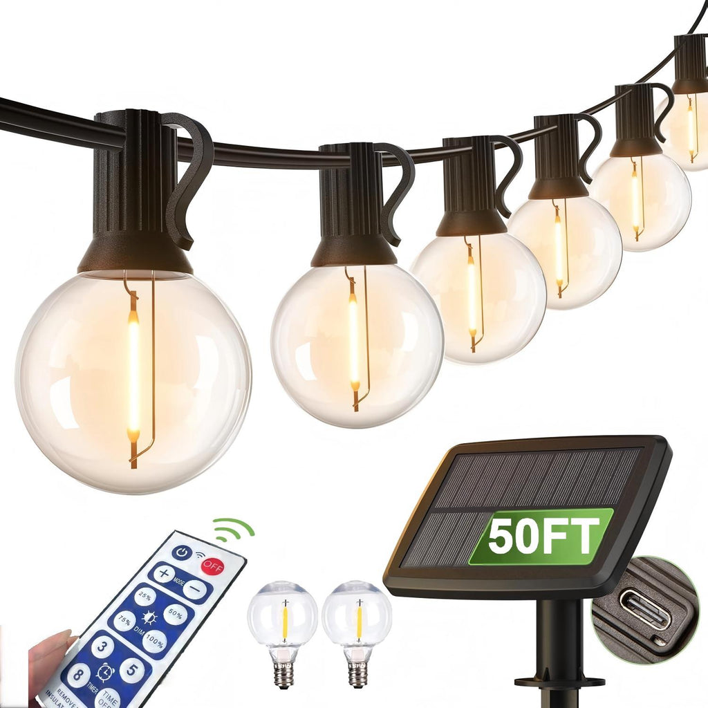 Solar Outdoor String Patio Bistro Lights, 50ft 52LED 3W G40 Bulbs, USB Rechargeable Portable Edison Café String Lights for Porch, Pergola, Backyard, Garden, Pool, Party, Camping