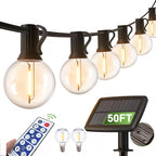 Solar Outdoor String Patio Bistro Lights, 50ft 52LED 3W G40 Bulbs, USB Rechargeable Portable Edison Café String Lights for Porch, Pergola, Backyard, Garden, Pool, Party, Camping