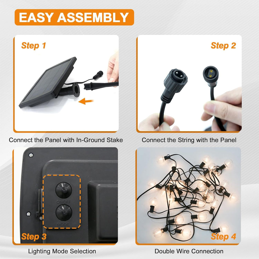 Solar Outdoor String Patio Bistro Lights, 50ft 52LED 3W G40 Bulbs, USB Rechargeable Portable Edison Café String Lights for Porch, Pergola, Backyard, Garden, Pool, Party, Camping