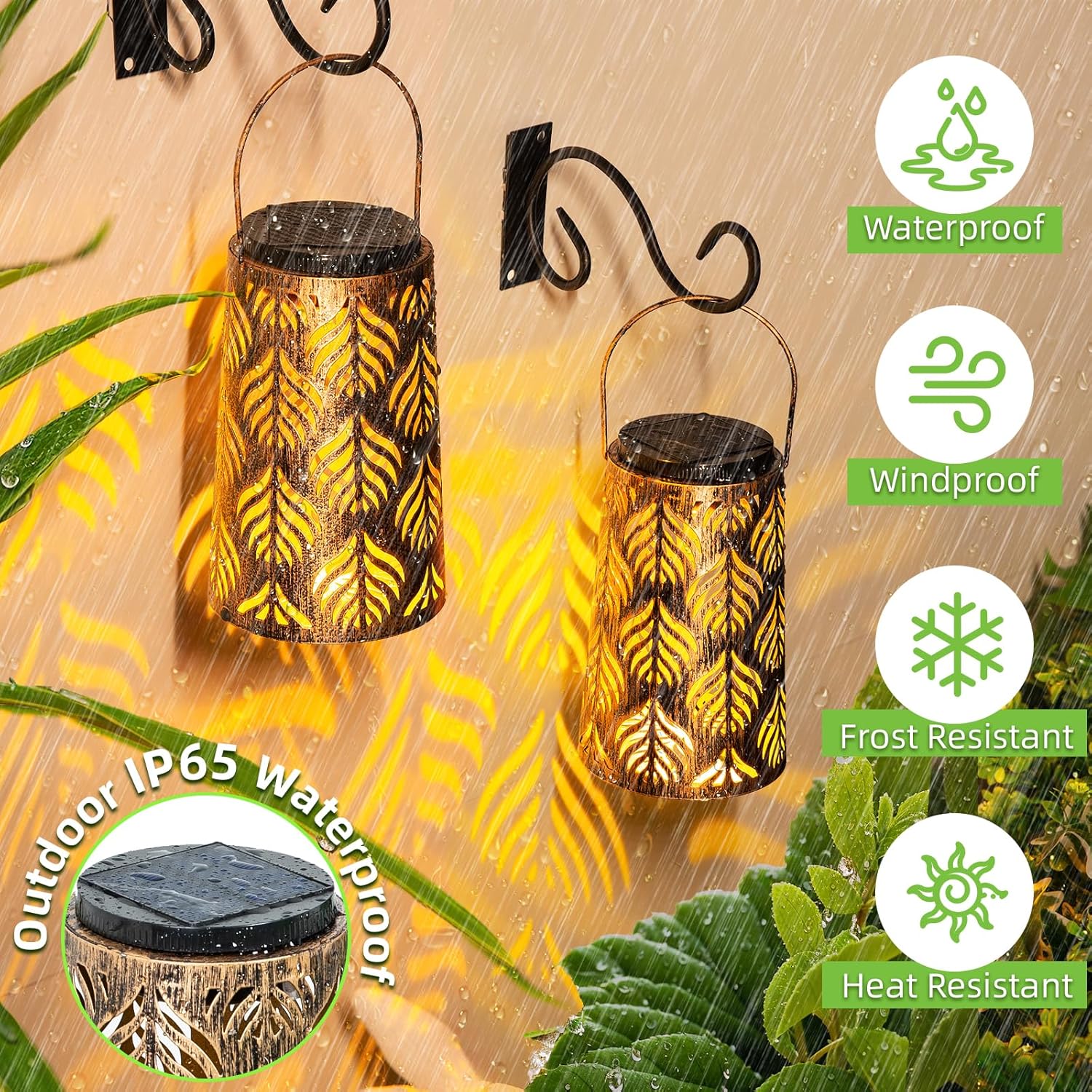 2 Pack Solar Hanging Lantern Lights - Outdoor Waterproof Decorative Lanterns with Switchable Warm/White LED Glow for Patio, Garden, Yard, Front Porch - Retro LED Lighting for Halloween, Holiday Decor