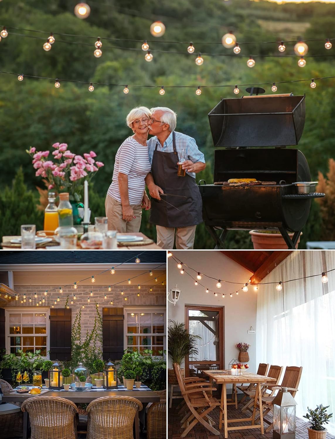 Solar Outdoor String Patio Bistro Lights, 50ft 52LED 3W G40 Bulbs, USB Rechargeable Portable Edison Café String Lights for Porch, Pergola, Backyard, Garden, Pool, Party, Camping