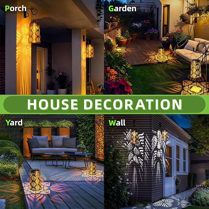 2 Pack Solar Hanging Lantern Lights - Outdoor Waterproof Decorative Lanterns with Switchable Warm/White LED Glow for Patio, Garden, Yard, Front Porch - Retro LED Lighting for Halloween, Holiday Decor