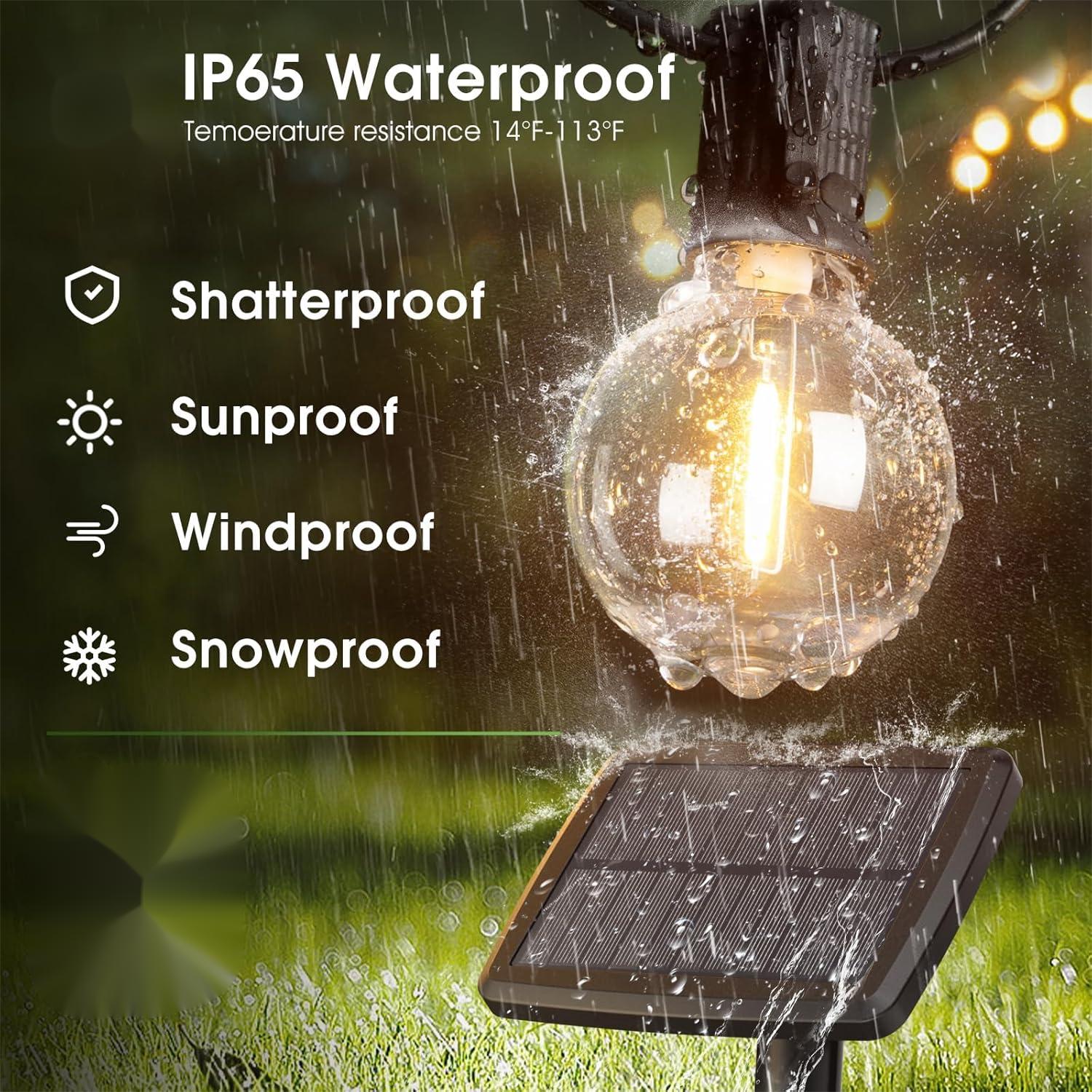 Solar Outdoor String Patio Bistro Lights, 50ft 52LED 3W G40 Bulbs, USB Rechargeable Portable Edison Café String Lights for Porch, Pergola, Backyard, Garden, Pool, Party, Camping