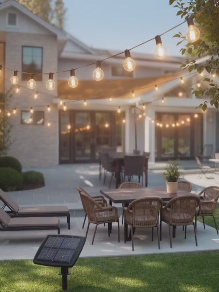 Solar Outdoor String Patio Bistro Lights, 50ft 52LED 3W G40 Bulbs, USB Rechargeable Portable Edison Café String Lights for Porch, Pergola, Backyard, Garden, Pool, Party, Camping