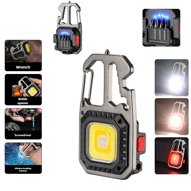 Cob Keychain Work Rechargeable Flashlight 6 Modes,4 in1 Screwdrivers 7in1 Wrench 1bottle Opener 1window-Breaking hamme for Camping, Fishing, Repair Walking Emergency 500 Lumen